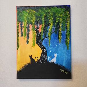 Day & Night Cats Acrylic Painting Signed Canvas based on design by THEARTSHERP
